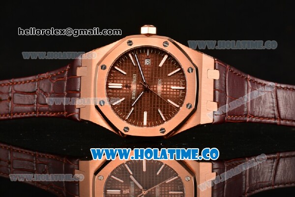 Audemars Piguet Royal Oak 41MM Asia Automatic Rose Gold Case with Brown Grids Dial White Stick Markers and Brown Leather Strap - Click Image to Close